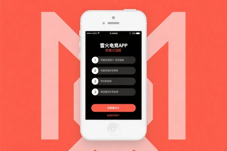 一张简洁明了的手机屏幕截图，展示雷火电竞APP安装流程分步提示，界面友好易懂，适合新手用户